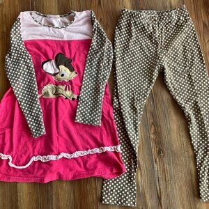 Girls Size 7 Pink Deer Tunic Top and Brown Polka Dot Leggings Set